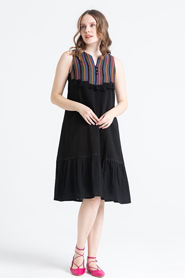 Sleeveless Şile Fabric Ilgaz Midi Length Summer Dress Black Syh