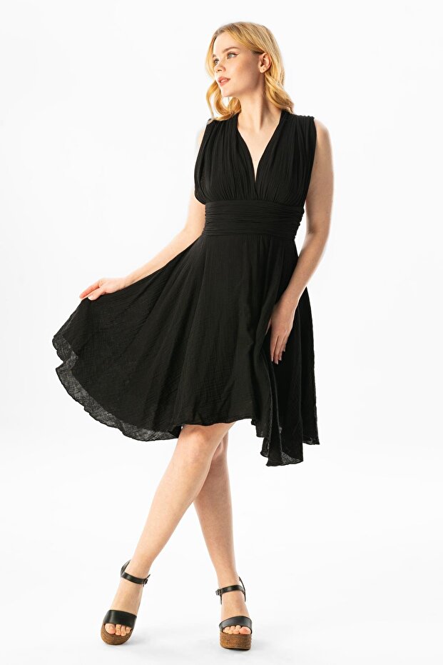 Sleeveless Back Detailed V-Neck Laodikya Mini Summer Muslin Dress Black