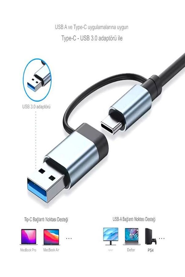 FH-6 Metalik 4İN 1 USB + Type-C Çevirici, USB 3.0 Hızlı Klavye-Mouse Data Çoklayıcı HUB - 2