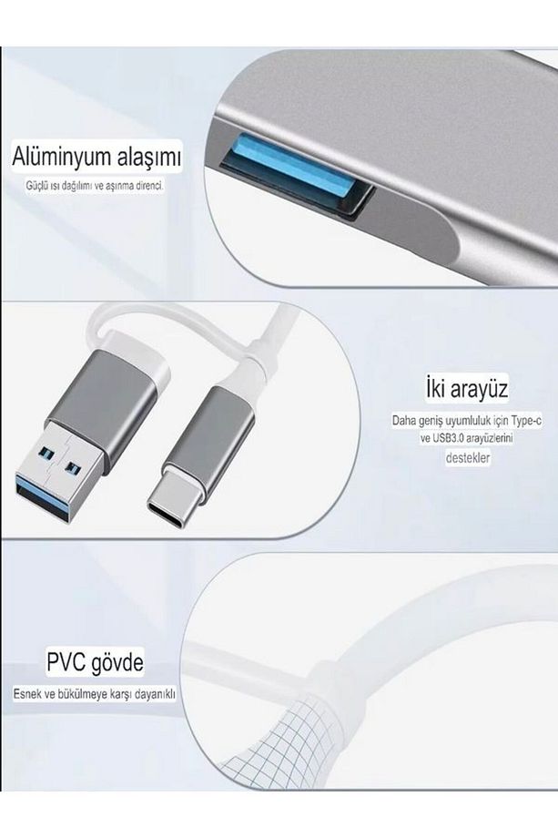 FH-6 Metalik 4İN 1 USB + Type-C Çevirici, USB 3.0 Hızlı Klavye-Mouse Data Çoklayıcı HUB - 7
