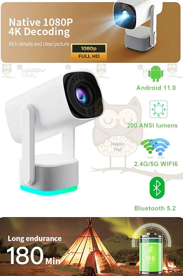 Android 11 Şarjlı Projeksiyon 1080p 200 AnsiLümen Akıllı Taşınabilir Projektör 4K Projeksiyon Cihazı - 1