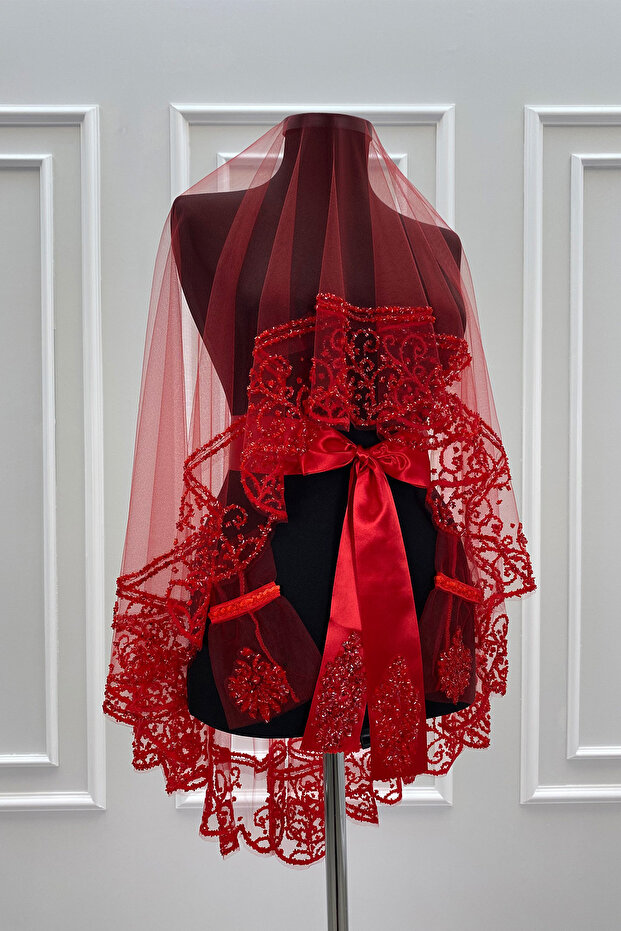 Red Bridal Veil Set, Glass Beads and Sequins Printed Henna Veil Set 6 Pieces