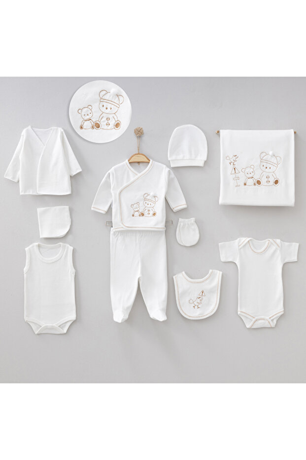 Boxed 100% Organic Cotton Fabric Baby Boy 10 Piece Hospital Discharge Set with Teddy Bear