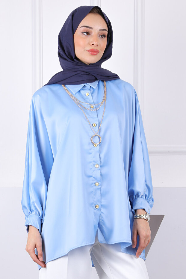 Baby Blue Oversize Satin Shirt with Pendant