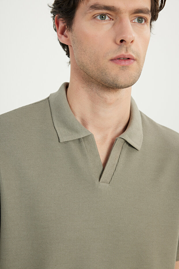 Erkek Haki Slim Fit Dar Kesim Polo Yaka Jakarlı Esnek Tişört - 5