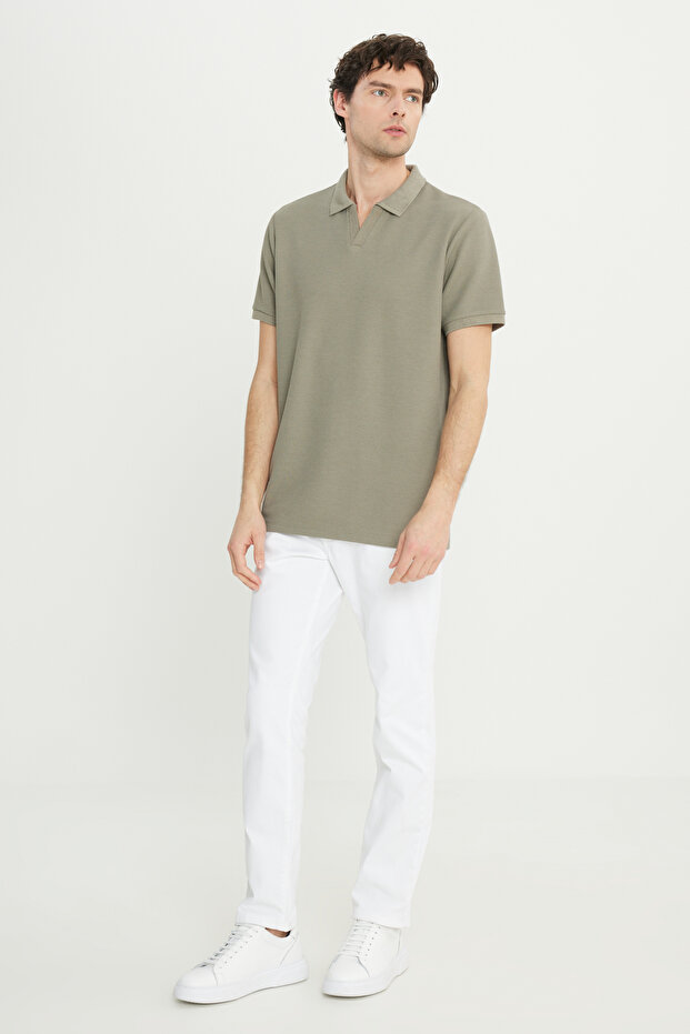 Erkek Haki Slim Fit Dar Kesim Polo Yaka Jakarlı Esnek Tişört - 3