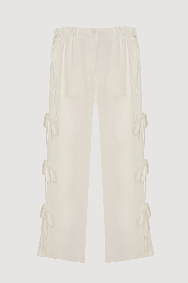 Elastic Waist Trousers with Tie Detail on the Sides - White