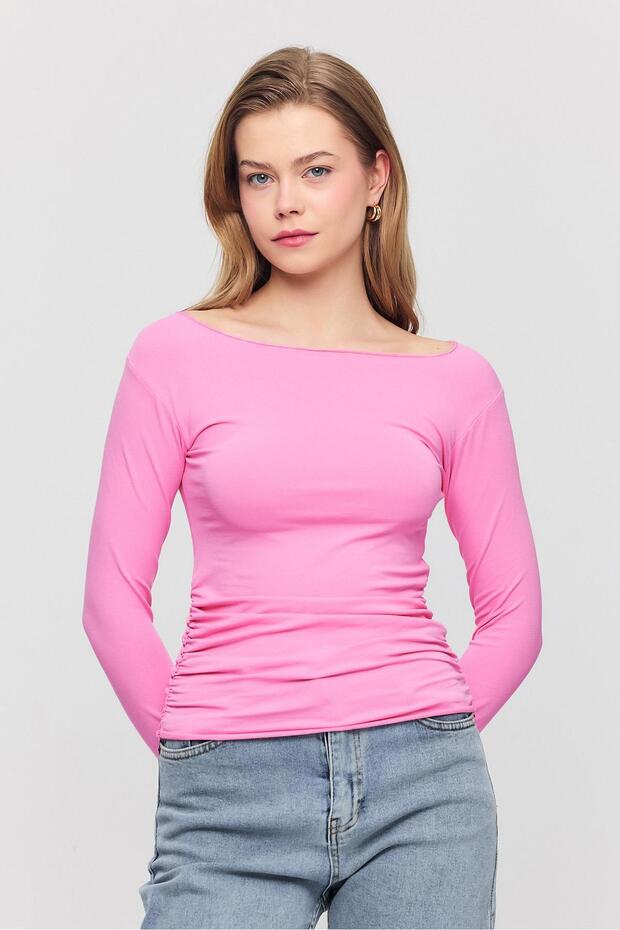 3027 Gathered Side Blouse Pink - 2