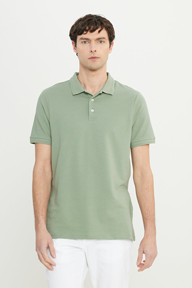Men's Aqua Green Cotton Slim Fit Slim Fit Polo Neck Jacquard Stretch T-Shirt