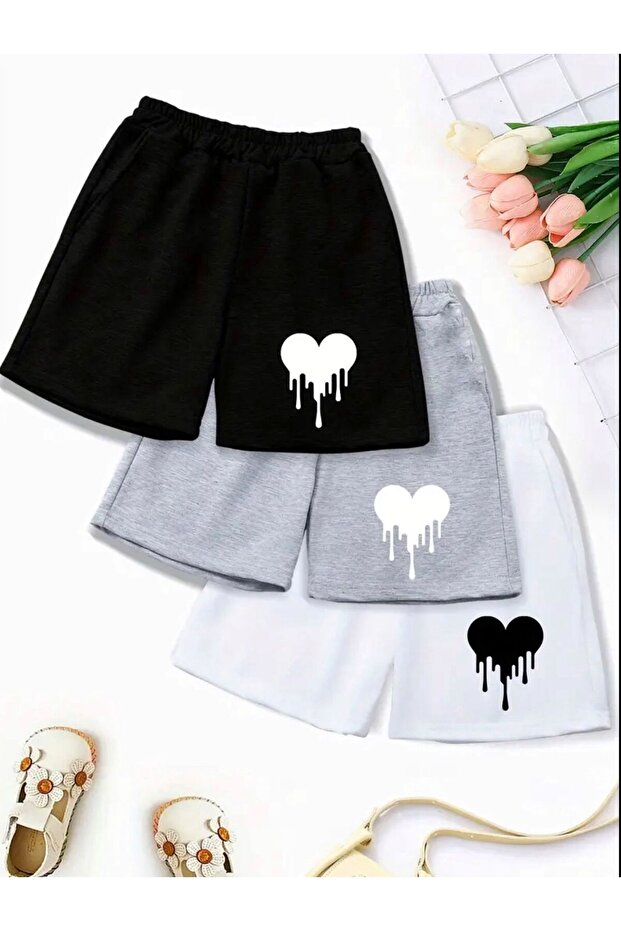 Girl's 3-Pack Black-Grey-White Dye Hearts Printed Shorts