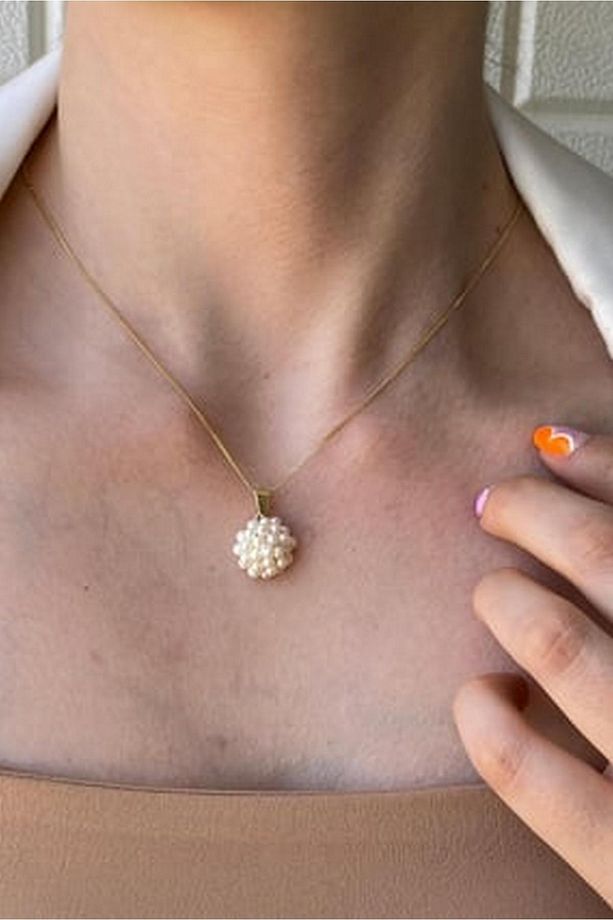 14 Ayar Altın 3 mm Prenses Model Doğal İnci Küpe Kolye Bileklik Yüzük Dörtlü Set - 6