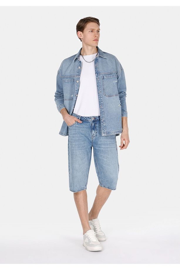 Straight Fit Orta Bel Düz Erkek Mavi Jean Şort - 3