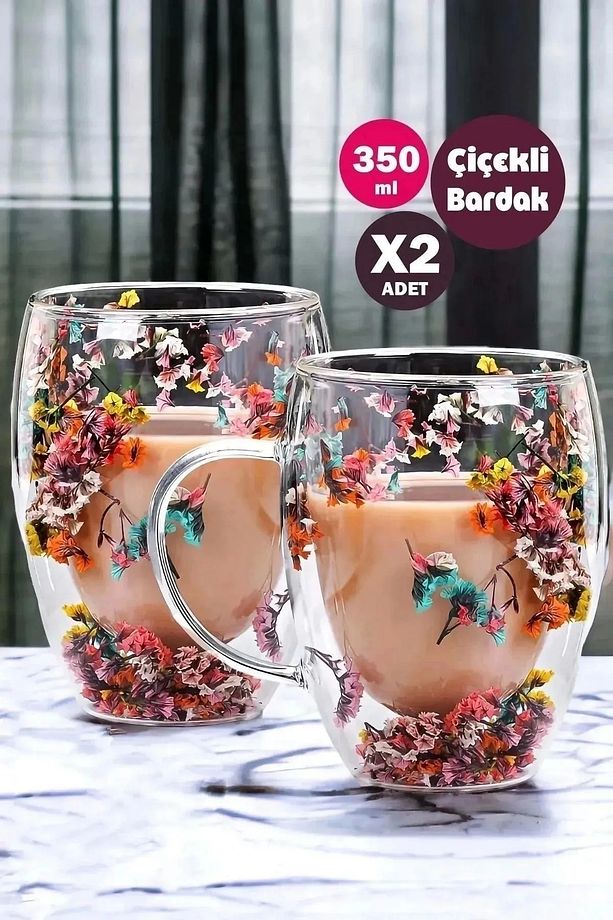 2li Çift Cidarlı Flower Cup 350ml Çiçekli Bardak Kahve Çay Bardağı El Yapımı Kulplu Cam Bardak Set - 1