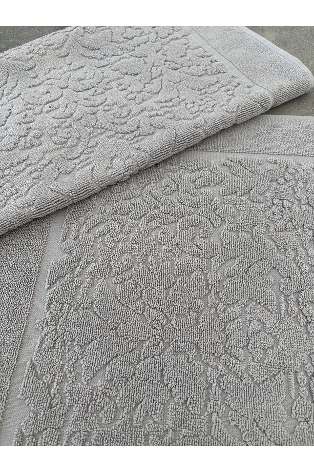 %100 Pamuklu 2'li Set Ayak Havlusu - Yumuşak & Kalın - Gri & Damask Desenli Havlu Takımı - 50x70 Cm - 3