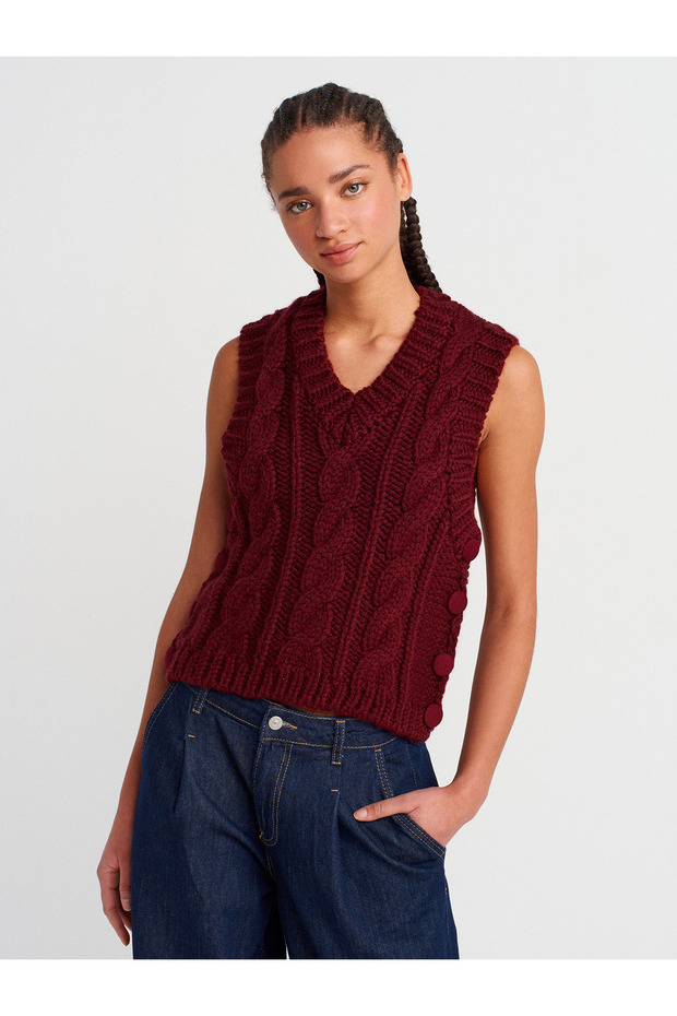 10742 V-Neck Knitted Sweater with Buttons on the Sides - Burgundy