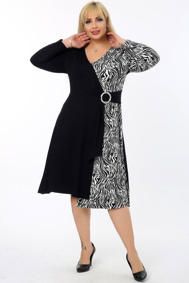 Kemerli Kruvaze Zebra Desen Çift Renk Uzun Kol Şardonlu Elbise - 5