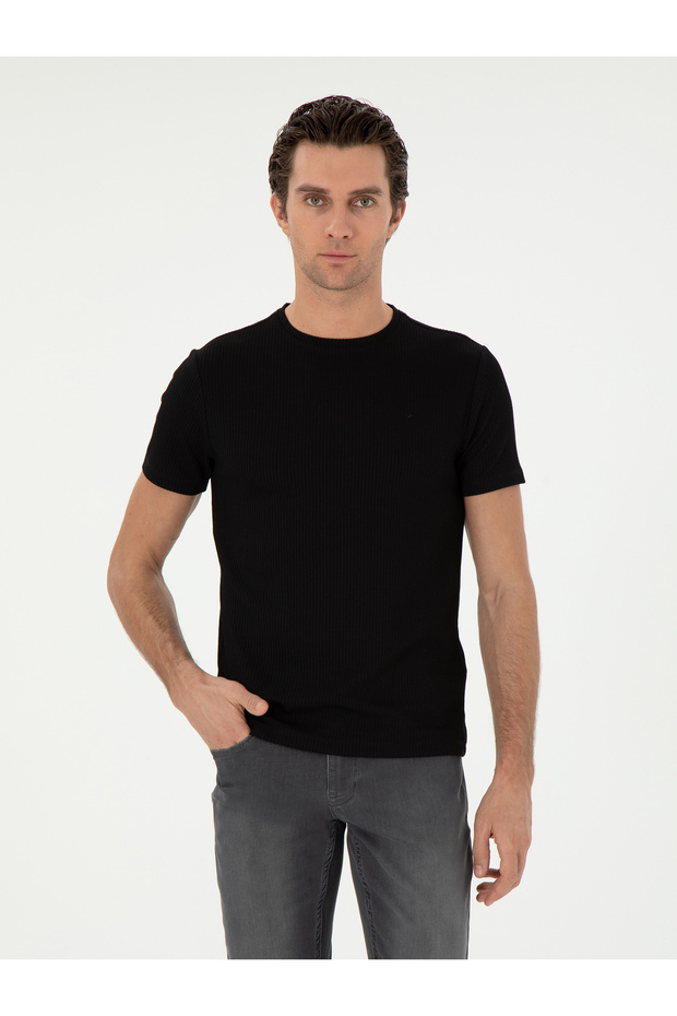 Black Slim Fit Striped Textured Crew Neck T-Shirt 50303372-Vr046