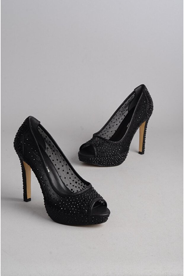 Seç 901 Stone Tulle Detailed Evening Shoes (Heel Height: 12 Cm, Platform: 2.5 cm) Black