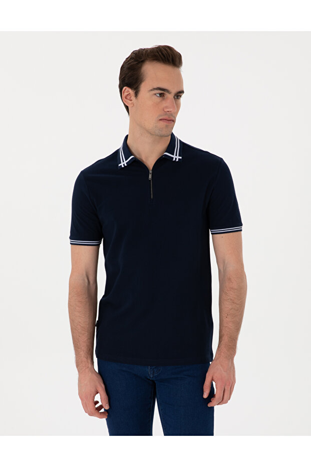 Navy Blue Slim Fit 100% Cotton Zippered Polo Collar T-Shirt 50302607-Vr033