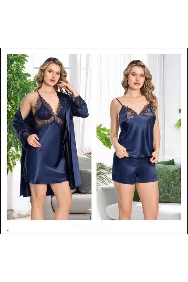 Kadın Lacivert Saten Gecelik Sabahlık Pijama Takım Şort Takım 6'lı Set J.ER.3.R.O.Z6.0.E.L.T. - 1