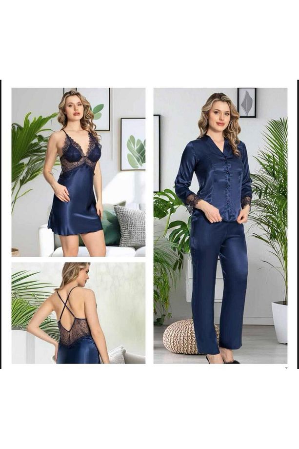 Kadın Lacivert Saten Gecelik Sabahlık Pijama Takım Şort Takım 6'lı Set J.ER.3.R.O.Z6.0.E.L.T. - 2