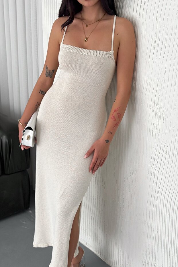 Women's Cream Standard Size Rope Strap Backless Slit Knitwear Dress