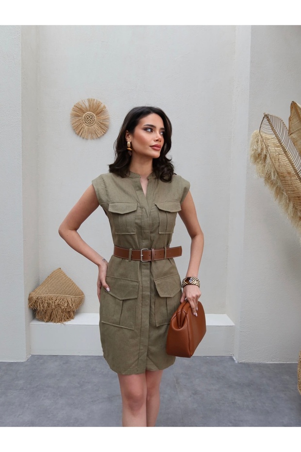 Belted Linen Dress with Pocket Detail