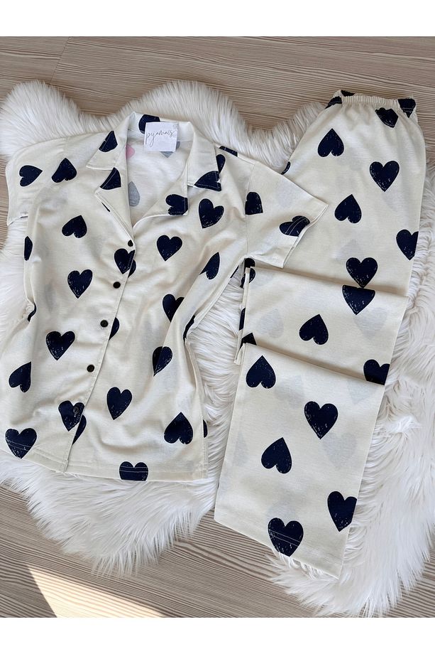Lacivert Kalp Desenli Pamuklu Kısa Kol Gömlek Yaka Pijama Takımı - 7