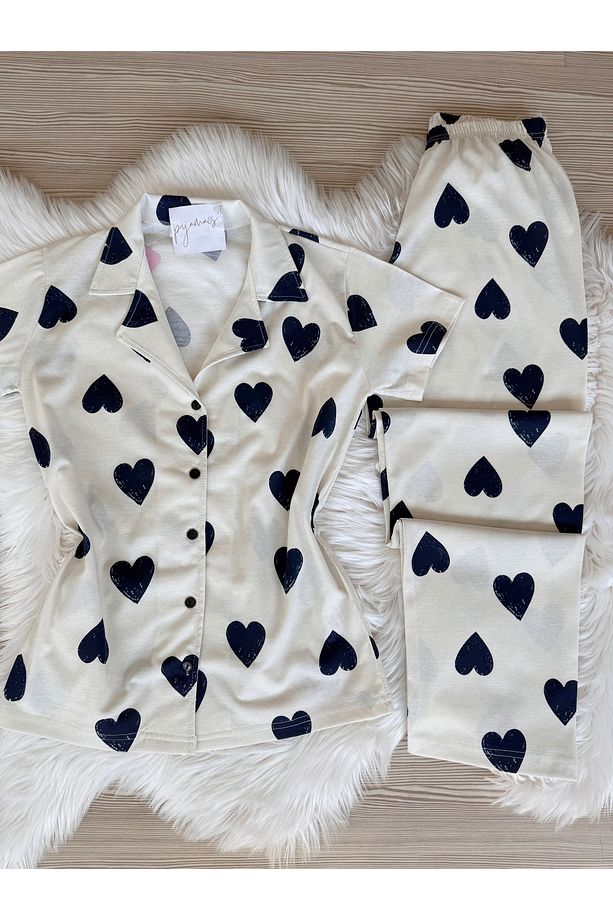 Lacivert Kalp Desenli Pamuklu Kısa Kol Gömlek Yaka Pijama Takımı - 8