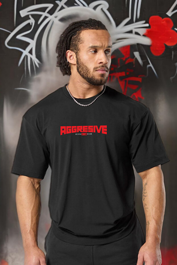 Men's Aggresive Hard Printed Black Oversize Crew Neck Cotton Athlete T-Shirt