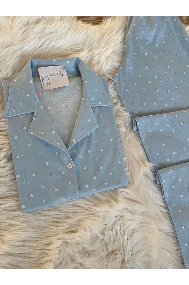 Mavi Mini Kalp Desenli Pamuklu Kısa Kol Gömlek Yaka Pijama Takımı - 3