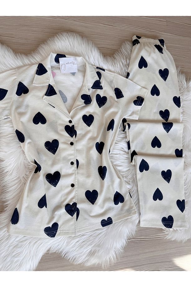 Lacivert Kalp Desenli Pamuklu Kısa Kol Gömlek Yaka Pijama Takımı - 6