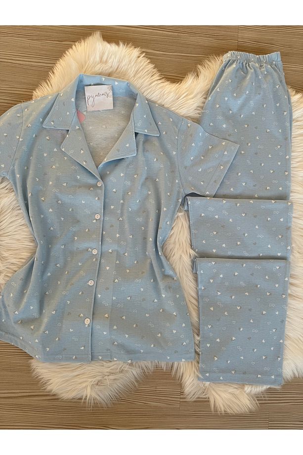 Mavi Mini Kalp Desenli Pamuklu Kısa Kol Gömlek Yaka Pijama Takımı - 7