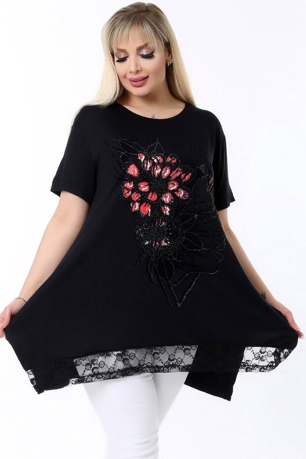 Round Neck Floral Patterned Stone Embroidered Skirt with Lace Slits Asymmetrical Flowy Short Sleeve Tunic