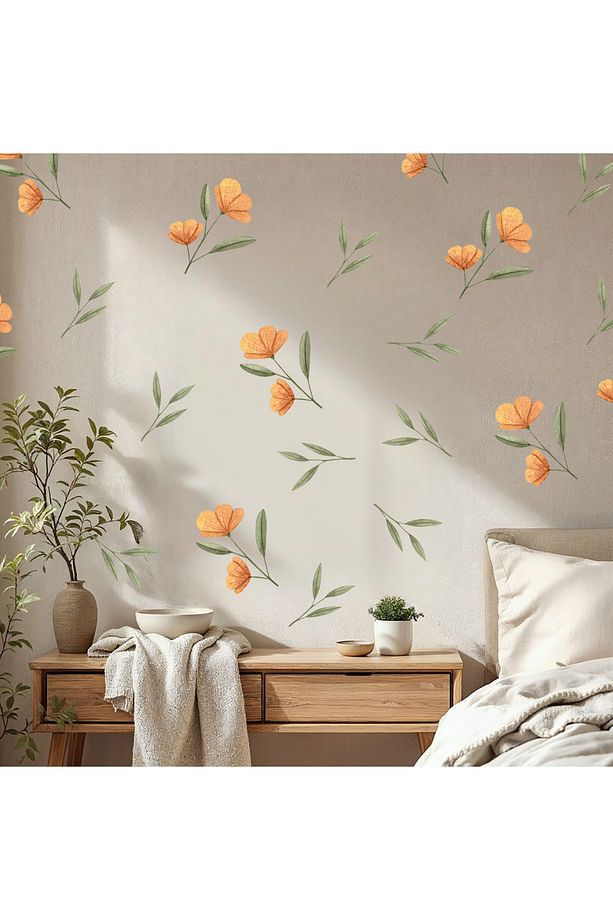 Turuncu Çiçekler ve Yapraklar Pastel Tonlu Duvar Sticker Seti - 3