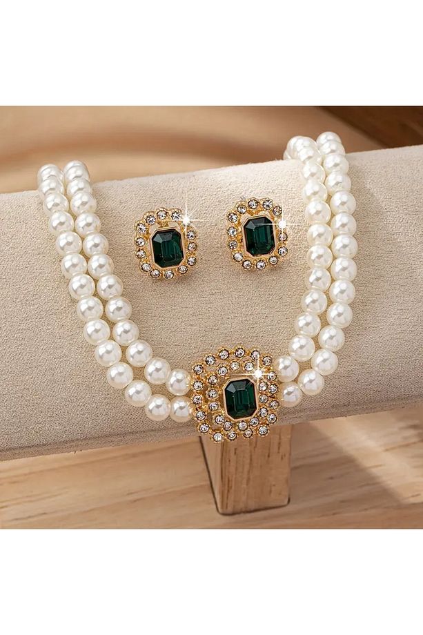 Lüks Elegant Çift Sıra İnci Kolye,Bileklik ve Küpe Seti Yeşim Taş Vurgular, Akrilik, Günlük Giyim - 4