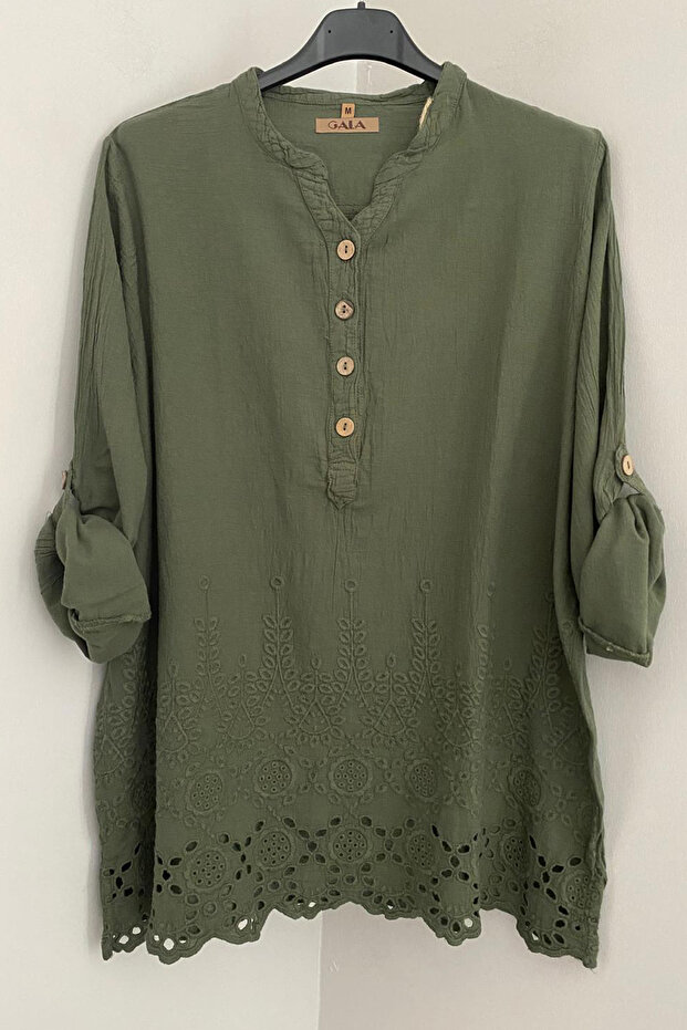 Women's Rights Buttoned Placket Collar Brode Lace Detailed Foldable Long Sleeve 100% Cotton Muslin Blouse