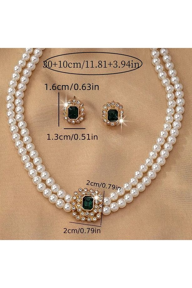 Lüks Elegant Çift Sıra İnci Kolye,Bileklik ve Küpe Seti Yeşim Taş Vurgular, Akrilik, Günlük Giyim - 5