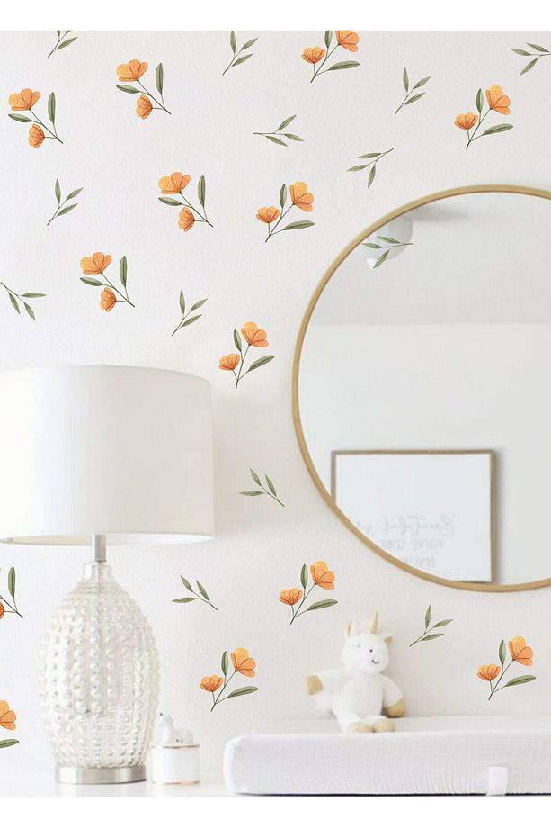 Turuncu Çiçekler ve Yapraklar Pastel Tonlu Duvar Sticker Seti - 4