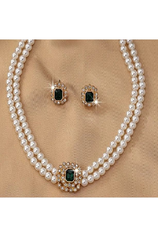 Lüks Elegant Çift Sıra İnci Kolye,Bileklik ve Küpe Seti Yeşim Taş Vurgular, Akrilik, Günlük Giyim - 6