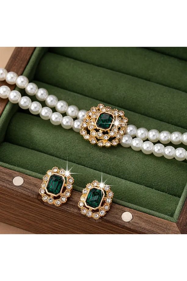 Lüks Elegant Çift Sıra İnci Kolye,Bileklik ve Küpe Seti Yeşim Taş Vurgular, Akrilik, Günlük Giyim - 3