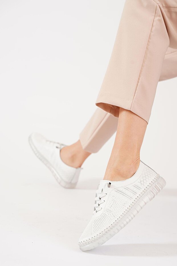White Hardcover Women's Shoes - Genuine Leather with Laser Sole Stitching in Sound