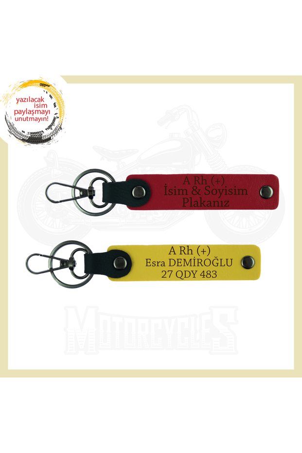 Red-Yellow, Motorcycle Lovers, Name Plate and a Rh + Blood Type Written, Biker Keychain