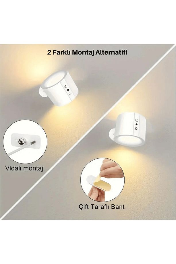Led Kablosuz 360 Dönen Şarjlı Yatak Başı Çalışma Masası Ledli Duvar Aplik 3 Renk Işıklı Gece Lambası - 7
