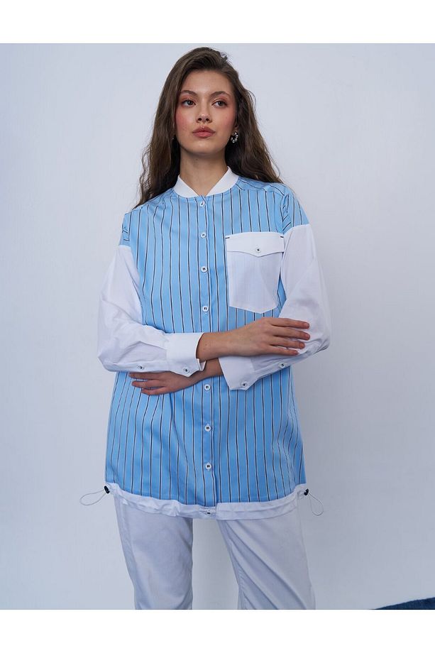 Tek Cepli Poplin Tunik Mavi - 2