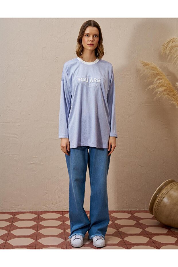 Slogan Detaylı Örme Sweatshirt Mavi - 4