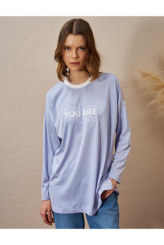 Slogan Detaylı Örme Sweatshirt Mavi - 1