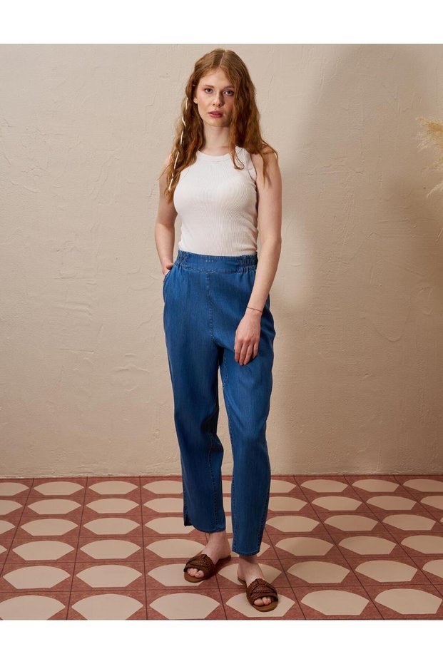 Lyocell Carrot Cut Pants with Elastic Waist Indigo