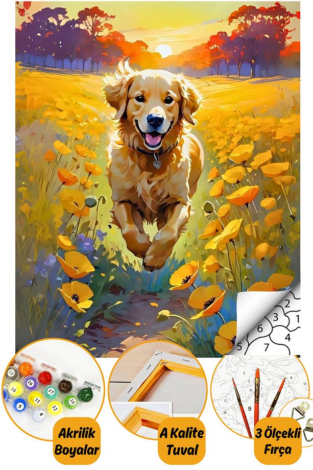 Sayılarla Boyama Numaralı Tuval Seti Fırça Boya Dahil 40x50cm Tatlı Köpek - 1