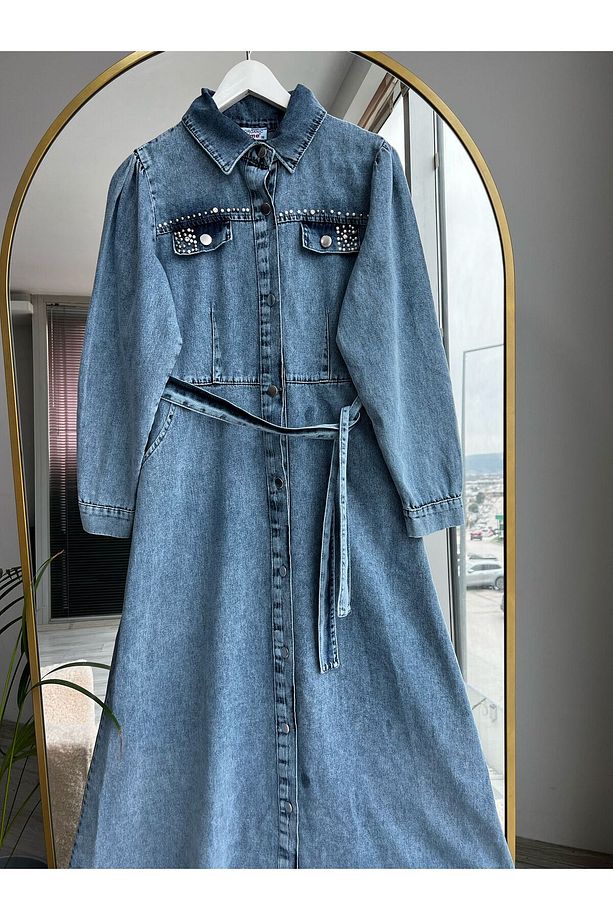 Kadın Denim İnci Taş Cep Detaylı Tesettür Kot Elbise - 2